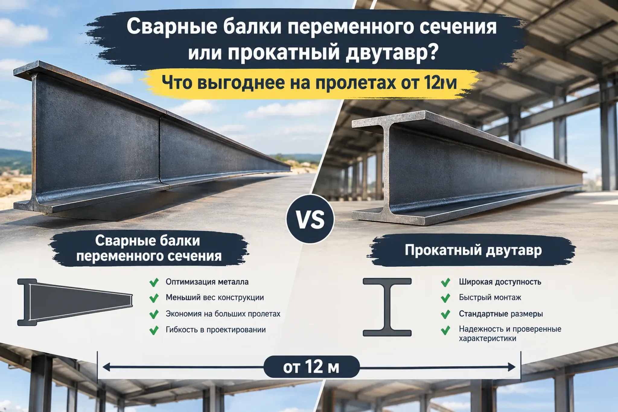 Сварные балки переменного сечения против прокатного двутавра: что выгоднее при пролетах более 12 метров