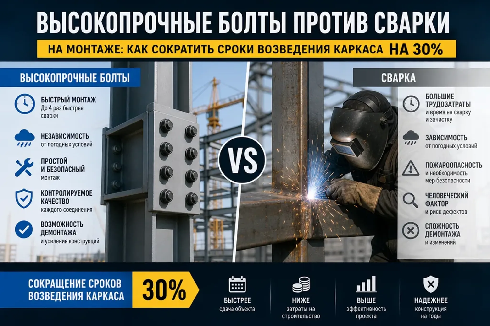 Высокопрочные болты против сварки на монтаже: как сократить сроки возведения каркаса на 30%